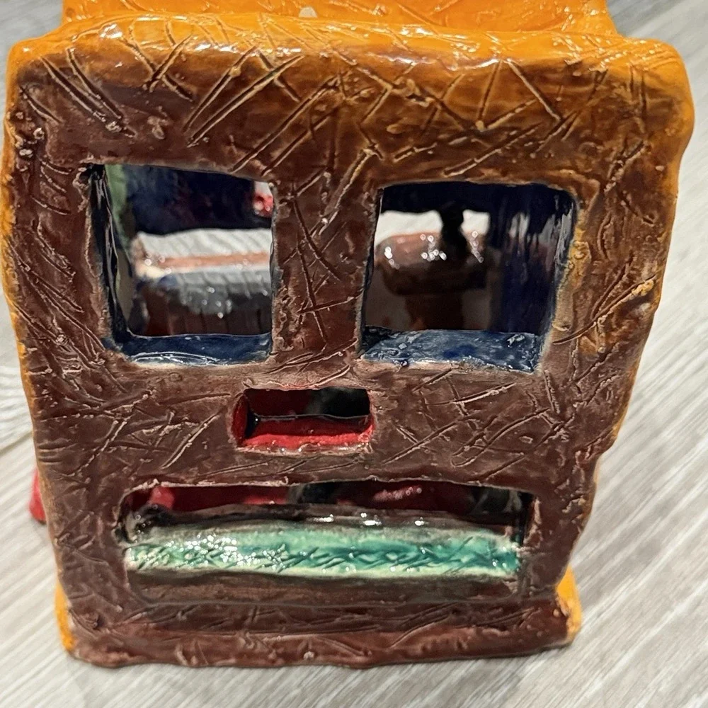 Handmade Ceramic Cat House Luminary Tealight Candle Holder‎ Orange Folk Art
